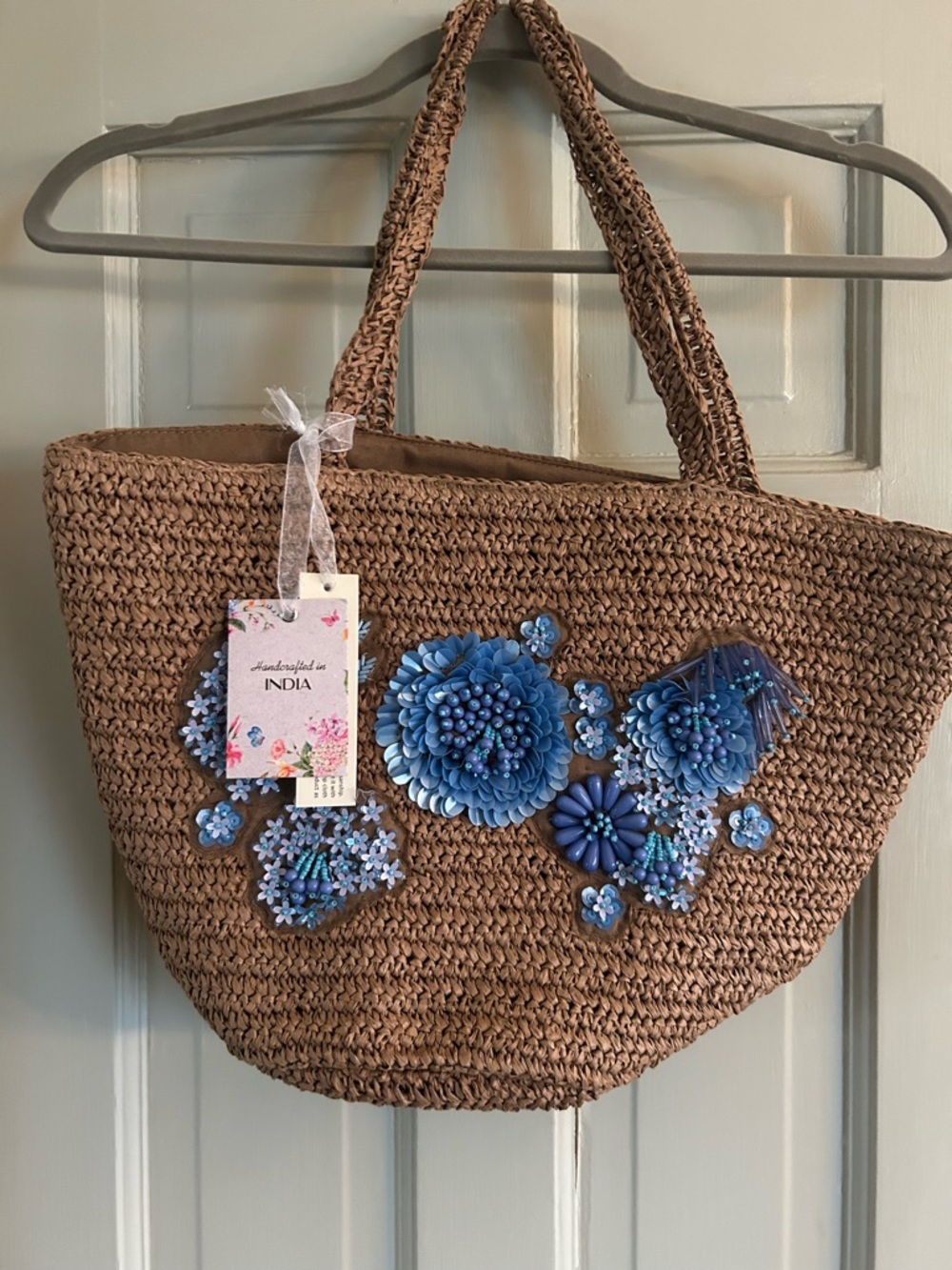 NWT Brown Floral Viral Beaded Handcrafted Made India Woven Tote Shoulder Handbag